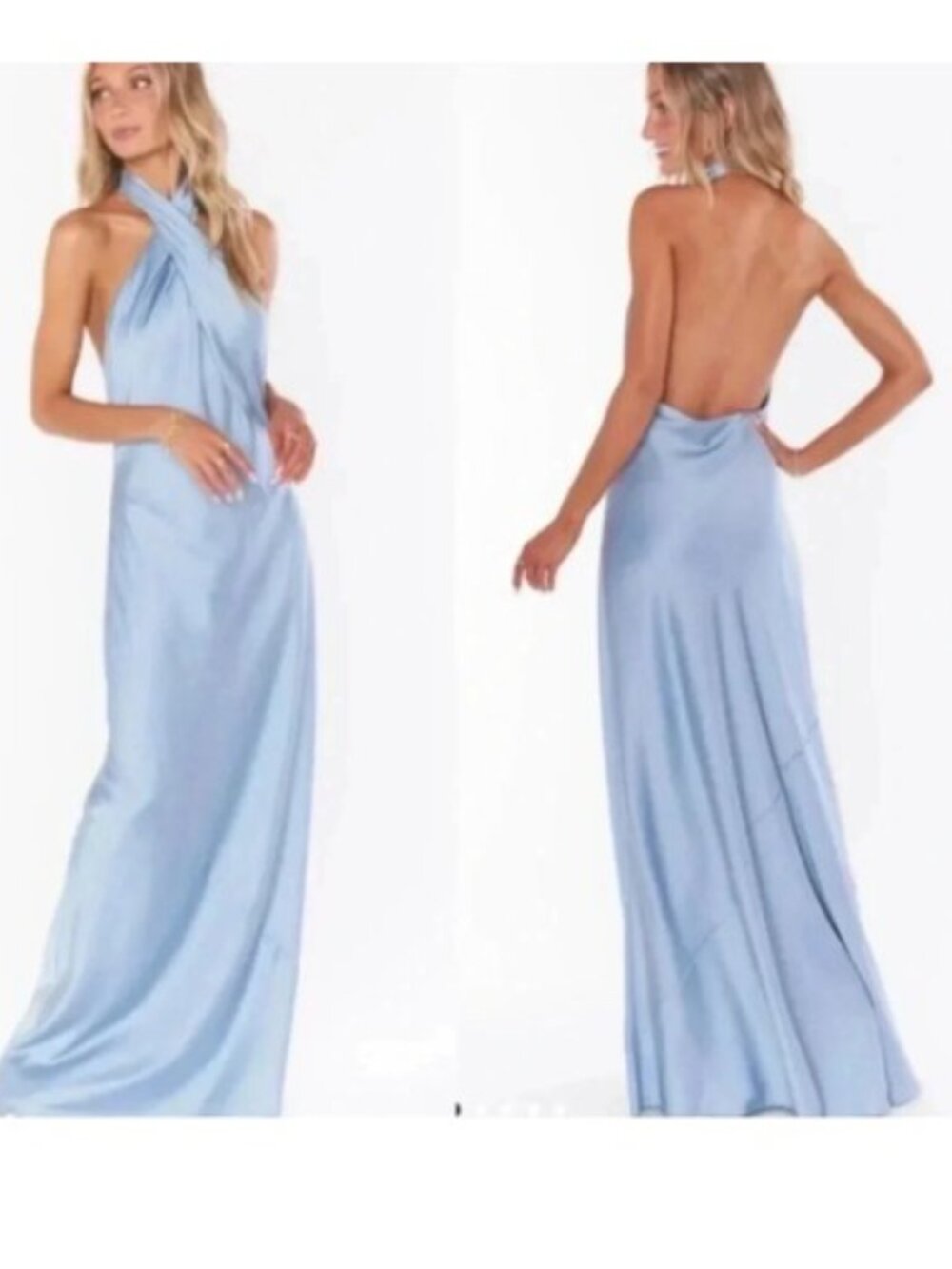 Show Me Your Mumu Jasmine Halter Maxi Dress Steel Blue Luxe Satin XXS